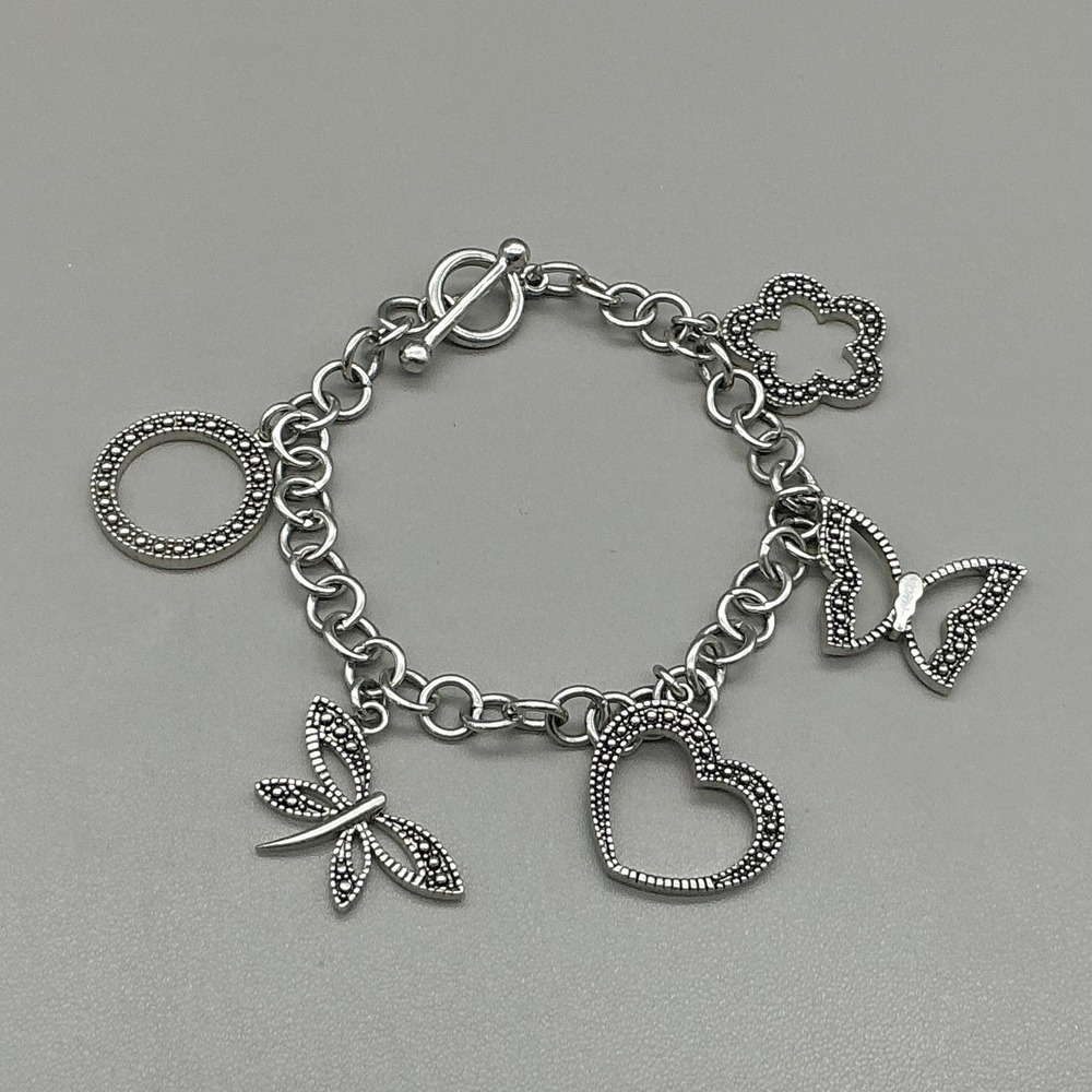 Bracelet Silver Tone Heart Butterfly Dragonfly Flower Charm Womens 7.5" Jewelry